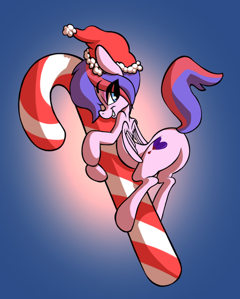 Size: 2520x3139 | Tagged: suggestive, artist:littledogwoman, derpibooru import, oc, oc:myre, unofficial characters only, pegasus, pony, butt, candy, candy cane, christmas, food, hat, holiday, plot, santa hat, solo