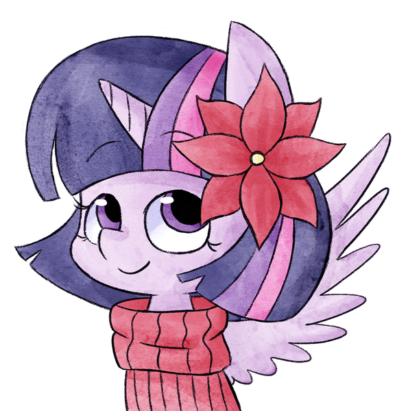 Size: 1280x1290 | Tagged: safe, artist:typhwosion, derpibooru import, twilight sparkle, twilight sparkle (alicorn), alicorn, pony, alternate hairstyle, bust, clothes, cute, female, flower, flower in hair, haircut, mare, simple background, solo, sweater, turtleneck, twiabetes, white background