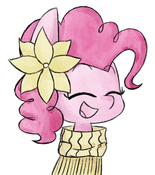 Size: 1140x1290 | Tagged: safe, artist:typhwosion, derpibooru import, pinkie pie, earth pony, pony, bust, clothes, cute, diapinkes, eyes closed, flower, flower in hair, open mouth, simple background, solo, sweater, turtleneck, white background