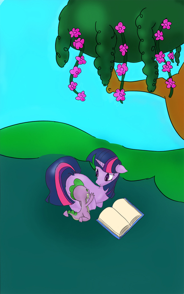 Size: 825x1320 | Tagged: safe, artist:kluxredyard, derpibooru import, spike, twilight sparkle, pony, unicorn, baby, baby spike, book, cute, mama twilight, tree, unicorn twilight, young, younger