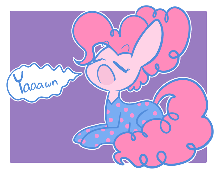 Size: 1280x1020 | Tagged: safe, artist:typhwosion, derpibooru import, pinkie pie, pony, alternate hairstyle, clothes, cute, diapinkes, eyes closed, footed sleeper, open mouth, pajamas, prone, solo, speech bubble, yawn