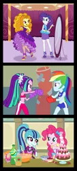 Size: 679x1500 | Tagged: safe, artist:sapphiregamgee, derpibooru import, adagio dazzle, aria blaze, pinkie pie, rainbow dash, rarity, sonata dusk, equestria girls, equestria girls series, apple juice, apron, armpits, belly button, bonding, boxing gloves, cake, choker, clothes, commission, dress, food, friendshipping, fruit punch, high heels, ice cream, juice, midriff, mirror, pants, punching bag, raspberry (food), reformed, shoes, shorts, shoulderless, sleeveless, sports bra, sports shorts, the dazzlings, the reformed dazzlings, tongue out, workout, workout outfit, yoga pants