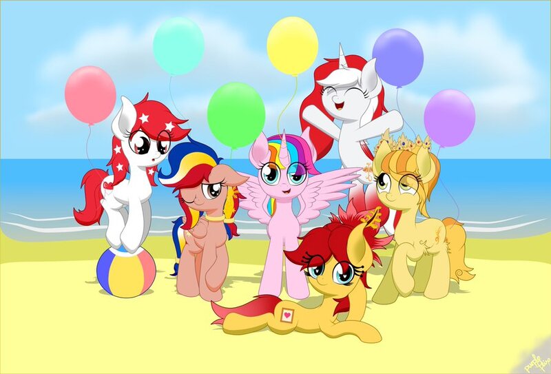 Size: 900x611 | Tagged: safe, artist:kimjoman, derpibooru import, oc, oc:indonisty, oc:kwankao, oc:pearl shine, oc:rosa blossomheart, oc:st. pinkie, oc:temmy, ponified, unofficial characters only, alicorn, earth pony, pegasus, pony, project seaponycon, alicorn oc, balloon, beach, beach ball, birthday, female, happy birthday, horn, indonesia, mare, nation ponies, philippines, singapore, spread wings, wings