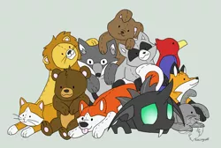 Size: 4109x2758 | Tagged: animal, artist:racingwolf, bear, big cat, bird, cat, changeling, changeling oc, derpibooru import, dog, fox, green changeling, lion, oc, oc:scy, plushie, ponysona, rabbit, raccoon, safe, simple background, solo, unofficial characters only