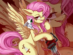 Size: 4000x3000 | Tagged: semi-grimdark, artist:foxcarp, derpibooru import, angel bunny, fluttershy, pegasus, pony, rabbit, undead, zombie, .mov, shed.mov, alternate universe, animal, bipedal, blood, chainsaw, fluttershed, hoof hold, hotdiggedydemon, open mouth, reference, stay out of my shed, tongue out, youtube, zoom layer