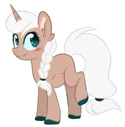 Size: 600x605 | Tagged: safe, artist:sinamuna, derpibooru import, oc, oc:sugar glaze, unofficial characters only, pony, unicorn, au:equuis, base used, blushing, braid, brown fur, colored hooves, female, green eyes, horn, mare, ponytail, pregnant, redesign, simple background, smiling, solo, transparent background, updated design, white hair