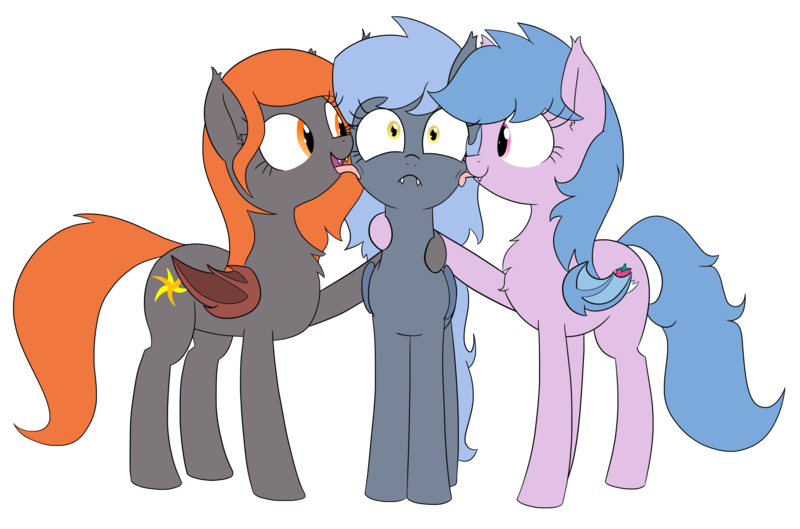 Size: 2868x1896 | Tagged: safe, artist:wafflecakes, derpibooru import, oc, oc:flare, oc:fruit hulu, oc:panne, unofficial characters only, bat pony, pony, 2019 community collab, derpibooru community collaboration, cute, cute little fangs, fangs, female, licking, mare, non-consensual licking, simple background, tongue out, transparent background