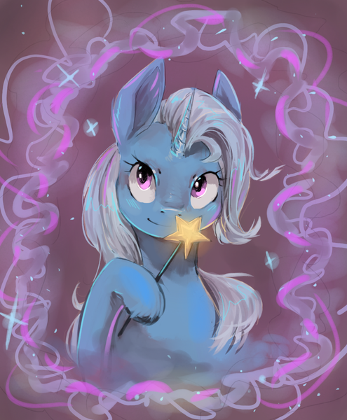 Size: 1000x1212 | Tagged: safe, artist:mequiloano, derpibooru import, trixie, pony, unicorn, clothes, cute, female, mare, smiling, solo, stars, wand