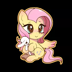 Size: 1024x1024 | Tagged: safe, artist:phobiaowl, derpibooru import, fluttershy, pegasus, pony, rabbit, animal, black background, blushing, chibi, colored wings, colored wingtips, cute, female, head turn, heart eyes, hoof hold, mare, outline, shyabetes, simple background, sitting, smiling, solo, spread wings, two toned wings, wingding eyes, wings