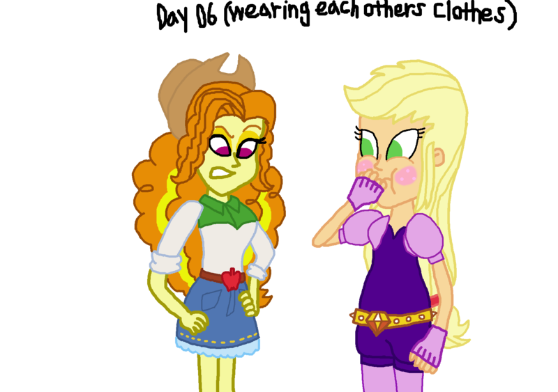 Size: 1800x1266 | Tagged: safe, artist:bigpurplemuppet99, derpibooru import, adagio dazzle, applejack, equestria girls, blushing, clothes swap, dazzlejack, female, lesbian, shipping