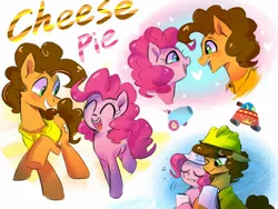 Size: 1600x1200 | Tagged: safe, artist:colorfulcolor233, derpibooru import, cheese sandwich, pinkie pie, earth pony, pony, blushing, cheesepie, clothes, eyes closed, female, hat, heart, looking at each other, male, mare, one eye closed, open mouth, party cannon, shipping, smiling, stallion, straight