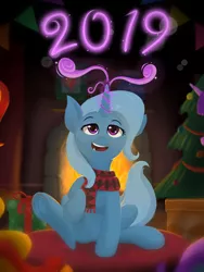 Size: 1536x2048 | Tagged: safe, artist:qzygugu, derpibooru import, trixie, 2019, christmas, christmas tree, clothes, cute, diatrixes, female, fireplace, happy new year, holiday, magic, present, scarf, smiling, solo, tree