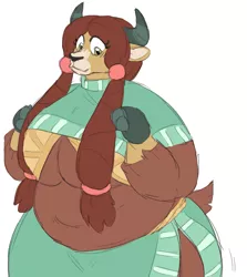 Size: 714x800 | Tagged: anthro, artist:cottoncloudy, belly, belly button, big belly, big breasts, braid, breasts, busty yona, chubby, cis, cis girl, derpibooru import, fat, fat yona, hooves, horn, midriff, overweight, plump, suggestive, thick, thighs, thunder thighs, underboob, yak, yona