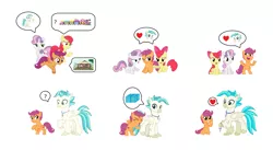 Size: 3044x1668 | Tagged: safe, derpibooru import, edit, editor:proto29, apple bloom, scootaloo, sweetie belle, terramar, classical hippogriff, earth pony, hippogriff, pegasus, pony, unicorn, comic, cutie mark crusaders, female, filly, foal, heart, interspecies, male, pictogram, shipping, straight, terraloo, train
