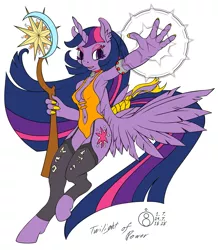 Size: 871x1000 | Tagged: safe, artist:sepiakeys, derpibooru import, twilight sparkle, twilight sparkle (alicorn), alicorn, anthro, unguligrade anthro, unicorn, armpits, bracelet, choker, clothes, corset, female, four fingers, garters, jewelry, leotard, long hair, magic, magic staff, mare, runes, socks, solo, staff, stockings, tail wrap, thigh highs, wings