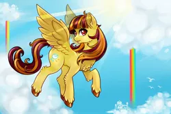 Size: 1500x1000 | Tagged: safe, artist:alpaca-pharaoh, derpibooru import, oc, unofficial characters only, pegasus, pony, chest fluff, cute, female, flying, long mane, mare, rainbow, sky, sunshine, tail wrap, unshorn fetlocks