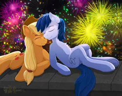 Size: 2200x1737 | Tagged: safe, artist:wildviolet-m, derpibooru import, applejack, oc, oc:constance everheart, pony, canon x oc, commission, cowboy hat, everjack, eyes closed, female, fireworks, hat, male, shipping, smiling, stetson, straight