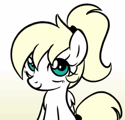 Size: 600x576 | Tagged: safe, artist:pestil, derpibooru import, oc, oc:luftkrieg, pegasus, pony, animated, aryan, aryan pony, blinking, blonde, cute, eye shimmer, female, filly, floppy ears, foal, gif, gradient background, happy, hooves, looking at you, looking up, looking up at you, luftkriebetes, nazipone, ocbetes, one eye closed, open mouth, petting, ponytail, simple background, smiling, solo focus, sweet dreams fuel, weapons-grade cute, white background