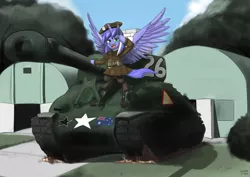 Size: 1250x887 | Tagged: alicorn, alicorn oc, artist:siberwar, australian flag, barracks, clothes, commission, derpibooru import, horn, m4a1e8 sherman, oc, oc:mariah wolves, safe, salute, semi-anthro, smoke, solo, spread wings, tank (vehicle), uniform, unofficial characters only, wings, world war ii