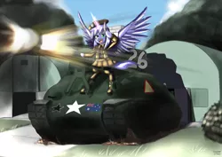 Size: 1024x727 | Tagged: alicorn, alicorn oc, alternate version, artist:siberwar, australian flag, barracks, blast, clothes, commission, derpibooru import, firing, glowing horn, horn, m4a1e8 sherman, muzzle flash, oc, oc:mariah wolves, safe, salute, semi-anthro, smoke, solo, spread wings, tank (vehicle), uniform, unofficial characters only, wings, world war ii