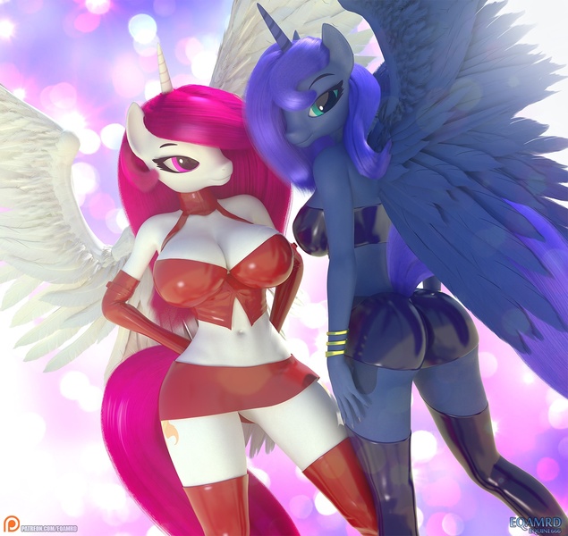 Size: 1500x1418 | Tagged: 3d, 3ds max, alicorn, alternate hair color, anthro, artist:eqamrd, belly button, big breasts, booty shorts, breasts, busty princess celestia, busty princess luna, cleavage, clothes, derpibooru import, duo, duo female, female, females only, latex, latex shorts, looking at you, mare, miniskirt, princess celestia, princess luna, princess molestia, red mane, red tail, royal sisters, sexy, shorts, siblings, simple background, sisters, skirt, spread wings, suggestive, weapons-grade sexy, wings