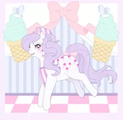 Size: 906x882 | Tagged: artist:reachfarhigh, bow, bucking, derpibooru import, food, g1, ice cream, ice cream cone, safe, scoops, solo, tail bow, the earth pony that flew, twice as fancy ponies