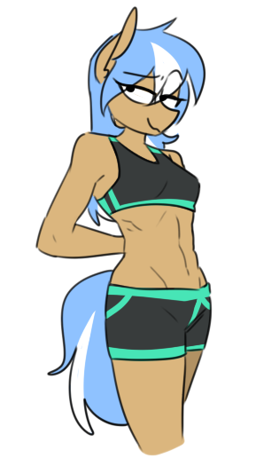 Size: 315x525 | Tagged: safe, artist:redxbacon, derpibooru import, oc, oc:atom bit, unofficial characters only, anthro, earth pony, abs, anthro oc, breasts, clothes, female, lidded eyes, midriff, shorts, simple background, smiling, solo, sports bra, sports shorts, white background