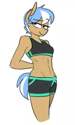 Size: 315x525 | Tagged: safe, artist:redxbacon, derpibooru import, oc, oc:atom bit, unofficial characters only, anthro, earth pony, abs, anthro oc, belly button, breasts, clothes, female, image, lidded eyes, midriff, png, shorts, simple background, smiling, solo, sports bra, sports shorts, white background