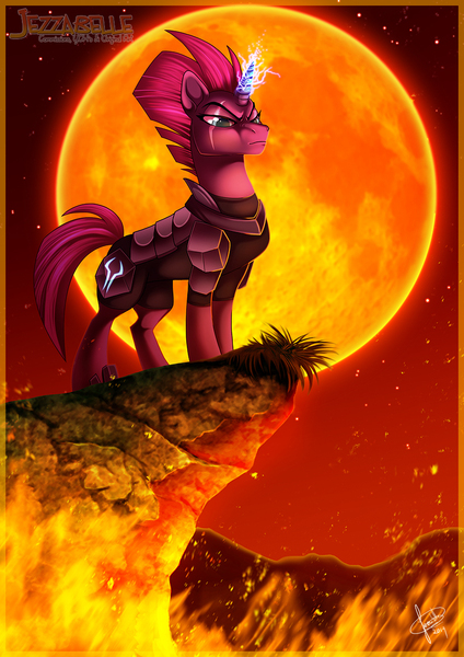 Size: 827x1169 | Tagged: armor, artist:jezzabelle, derpibooru import, eye scar, female, fire, glowing horn, horn, lidded eyes, safe, scar, serious, serious face, solo, tempest shadow