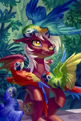Size: 1378x2067 | Tagged: safe, artist:holivi, derpibooru import, oc, oc:picture perfect, unofficial characters only, bat pony, bird, blue-and-yellow macaw, hyacinth macaw, macaw, parrot, pony, scarlet macaw, bat pony oc, bat wings, cute, fangs, female, mare, signature, solo, wings