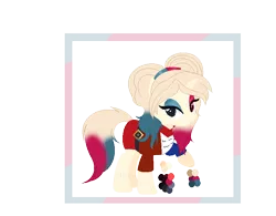 Size: 800x624 | Tagged: safe, artist:selenaede, artist:vixenfin, derpibooru import, oc, oc:har-harley queen, unofficial characters only, pony, unicorn, base used, bedroom eyes, belt, clothes, dc comics, eyeshadow, female, harley quinn, heterochromia, jacket, makeup, mare, pigtails, raised hoof, reference sheet, shirt, simple background, skirt, solo, t-shirt, transparent background