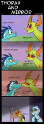 Size: 1000x2800 | Tagged: safe, artist:zouyugi, derpibooru import, ocellus, princess ember, thorax, changedling, changeling, blushing, comic, dialogue, embrax, fantasizing, fantasy, female, imagination, imagine spot, interspecies, king thorax, kissing, male, mirror, shipping, straight