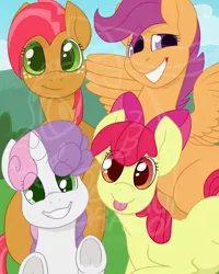 Size: 1000x1250 | Tagged: safe, artist:darkodraco, derpibooru import, apple bloom, babs seed, scootaloo, sweetie belle, earth pony, pegasus, pony, unicorn, :p, colored pupils, cutie mark crusaders, eye clipping through hair, frog (hoof), looking at you, obtrusive watermark, silly, smiling, tongue out, underhoof, watermark