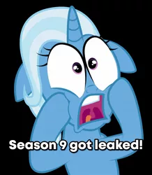 Size: 1378x1577 | Tagged: safe, artist:bigccv, derpibooru import, edit, trixie, pony, unicorn, season 9, spoiler:s09, bait, bait and switch, big eyes, female, gasp, hooves on cheeks, implied leaks, mare, reaction image, screaming, shock, solo, text, text edit