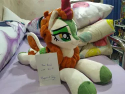 Size: 2048x1536 | Tagged: artist:burgunzik, autumn blaze, body pillow, derpibooru import, female, irl, kirin, lidded eyes, photo, plushie, prone, safe, smiling, solo focus, sounds of silence