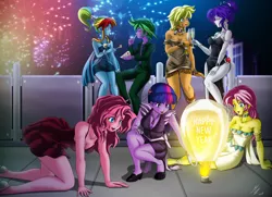 Size: 2500x1813 | Tagged: safe, alternate version, artist:mauroz, derpibooru import, applejack, fluttershy, pinkie pie, rainbow dash, rarity, spike, twilight sparkle, equestria girls, clothes, dress, female, fireworks, happy new year, holiday, implied lesbian, implied rainbowspike, implied rarijack, implied shipping, mane seven, mane six, pony coloring