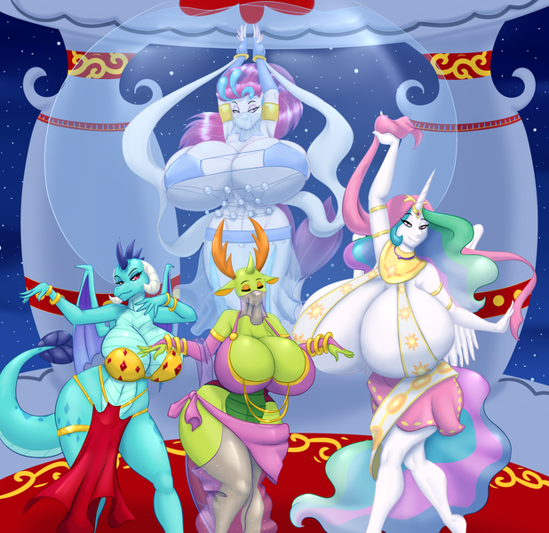Size: 3088x3000 | Tagged: alicorn, anthro, armpits, artist:blues64, artist:marauder6272, belly dancer, big breasts, breasts, busty princess celestia, busty princess ember, busty queen mesosoma, busty queen novo, changedling, changeling, derpibooru import, dragon, female, huge breasts, hyper, hyper breasts, impossibly large breasts, king thorax, mare, mesosoma, milf, my little pony: the movie, princess celestia, princess ember, queen mesosoma, queen novo, questionable, rule 63, seapony (g4), smiling, squad, thorax, veil