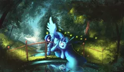 Size: 4770x2785 | Tagged: safe, artist:auroriia, derpibooru import, princess luna, alicorn, pony, :p, bent over, bridge, cute, ethereal mane, female, grass, looking at something, looking down, mare, outdoors, reflection, river, scenery, signature, silly, solo, spread wings, starry mane, tongue out, tree, water, wings