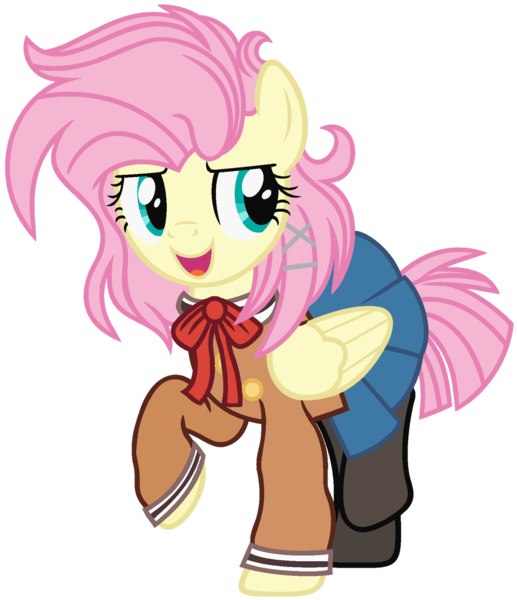 Size: 1280x1485 | Tagged: safe, artist:bezziie, derpibooru import, fluttershy, pony, alternate hairstyle, clothes, cosplay, costume, pantyhose, rimi, schoolgirl, short hair, simple background, skirt, solo, transparent background