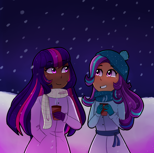 Size: 2609x2584 | Tagged: artist:emera33, blushing, chocolate, clothes, coat, dark skin, derpibooru import, female, food, hat, hot chocolate, human, humanized, lesbian, looking at each other, night, safe, scarf, shipping, smiling, snow, snowfall, starlight glimmer, twilight sparkle, twistarlight