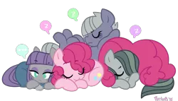 Size: 1280x733 | Tagged: safe, artist:purrling, derpibooru import, limestone pie, marble pie, maud pie, pinkie pie, pony, ..., cuddle puddle, cuddling, cute, diapinkes, eyes closed, female, limabetes, marblebetes, maudabetes, no pupils, pie sisters, pony pile, siblings, simple background, sisters, sleeping, transparent background