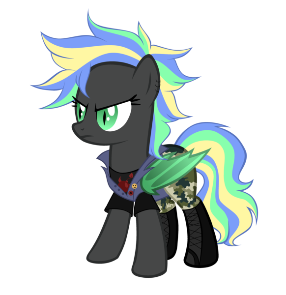 Size: 4032x4160 | Tagged: safe, artist:magicdarkart, derpibooru import, oc, oc:primal screech, unofficial characters only, bat pony, pony, absurd resolution, badge, bat pony oc, bat wings, bomb, boots, camouflage, clothes, denim, devil horns, ear piercing, earring, female, jeans, jewelry, mare, multicolored hair, pants, piercing, punk, shirt, shoes, simple background, solo, t-shirt, transparent background, vest, weapon, wings