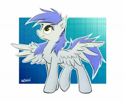 Size: 1603x1323 | Tagged: safe, artist:kejifox, derpibooru import, oc, oc:gabriel, pegasus, pony, blue mane, female, looking up, raised leg, smiling, solo, spread wings, walking, white coat, wings