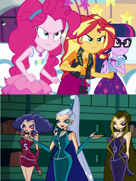 Size: 500x667 | Tagged: safe, derpibooru import, editor:earwaxkid, pinkie pie, sci-twi, sunset shimmer, twilight sparkle, equestria girls, equestria girls series, rollercoaster of friendship, angry, clothes, crossover, darcy (winx club), geode of empathy, geode of sugar bombs, geode of telekinesis, hasbro, hasbro studios, icy, icy (winx club), image, magical geodes, png, rainbow s.r.l, skirt, stormy, tanktop, the trix, winx club