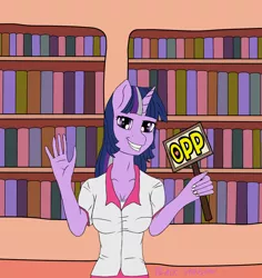 Size: 942x1000 | Tagged: anthro, artist:black stallion, bookshelf, derpibooru import, recolor, safe, sign, solo, twilight sparkle