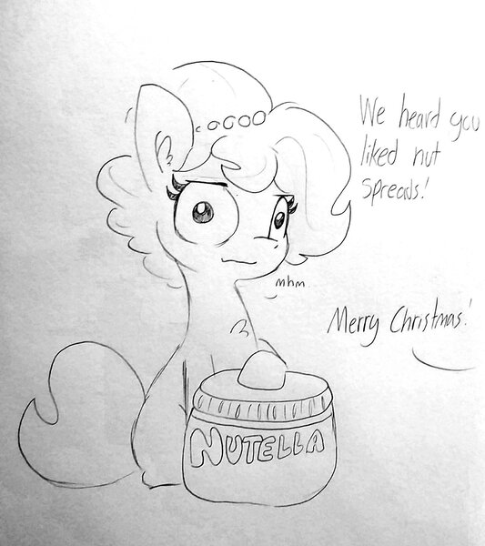 Size: 1339x1508 | Tagged: safe, artist:tjpones, derpibooru import, oc, oc:brownie bun, unofficial characters only, earth pony, pony, horse wife, black and white, chest fluff, dialogue, do not want, ear fluff, female, food, grayscale, lineart, mare, merry christmas, monochrome, nutella, offscreen character, simple background, sitting, solo, traditional art, wavy mouth
