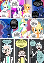 Size: 800x1133 | Tagged: safe, artist:imbriaart, derpibooru import, applejack, princess celestia, princess luna, rarity, alicorn, earth pony, human, pony, unicorn, comic:magic princess war, canterlot, canterlot castle, clothes, comic, crossover, morty smith, rick and morty, rick sanchez