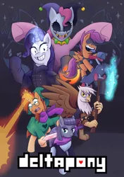 Size: 2000x2840 | Tagged: safe, artist:tyscope, derpibooru import, gilda, maud pie, pinkie pie, rarity, scootaloo, sunburst, pony, armpits, axe, clothes, cosplay, costume, crossover, deltarune, jevil, kris, lancer (deltarune), magic, open mouth, poster, ralsei, rouxls kaard, scooter, simple background, susie (deltarune), sword, toby fox, tongue out, weapon