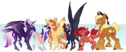 Size: 900x376 | Tagged: safe, artist:ectopi, derpibooru import, applejack, fluttershy, pinkie pie, rainbow dash, rarity, twilight sparkle, twilight sparkle (alicorn), alicorn, earth pony, pegasus, pony, unicorn, alternate design, diverse body types, image, line-up, mane six, png, redesign, shoulder feathers, simple background, tail feathers, twitterina design