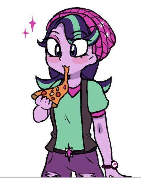 Size: 499x629 | Tagged: safe, artist:gloomynyan, derpibooru import, starlight glimmer, equestria girls, mirror magic, spoiler:eqg specials, :3, beanie, clothes, eating, everything is ruined, female, food, happy, hat, meat, pants, pepperoni, pineapple, pineapple pizza, pizza, pure unfiltered evil, shirt, simple background, smiling, solo, that pony sure does love pineapple pizza, watch, white background, wristwatch